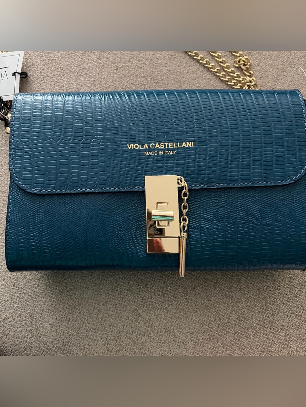 Viola Castellani Teal/Blue Croc-Embossed gold Chain Shoulder Bag